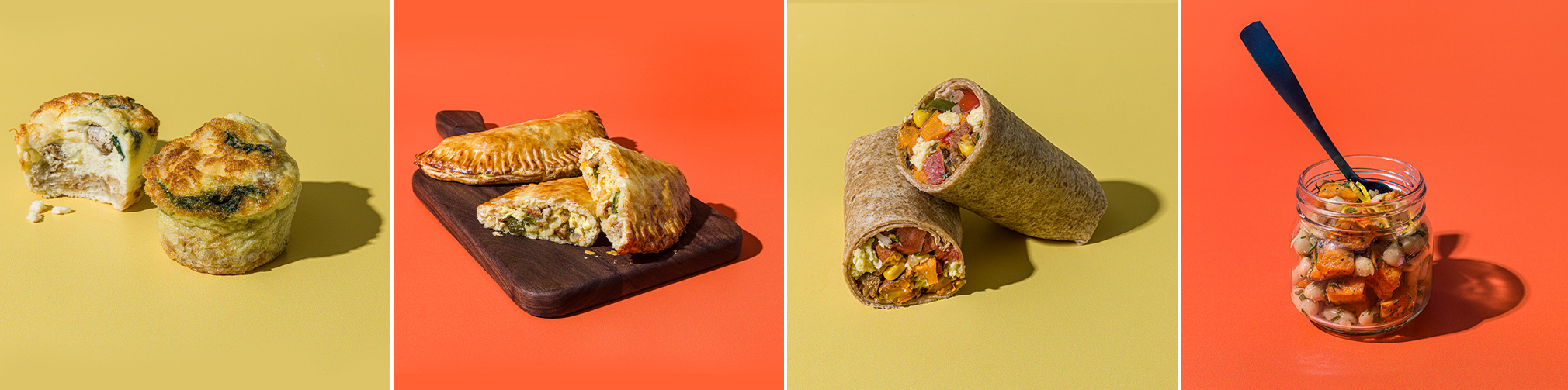 Four colorful panels display baked muffins, stuffed pastries, veggie wraps, and a jar of diced food with herbs, each highlighting texture and filling.