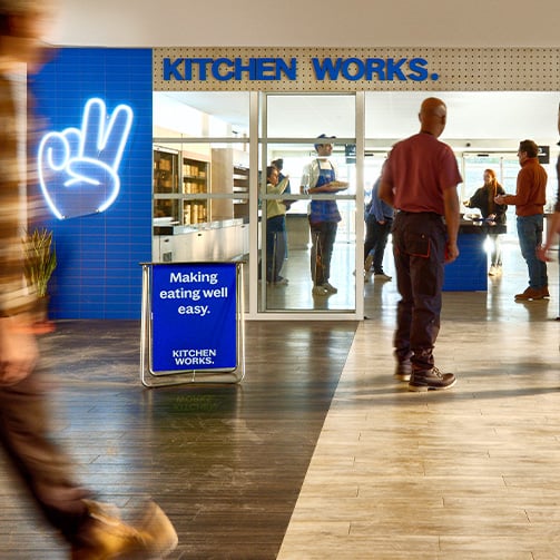 Busy entrance to a Kitchen Works location