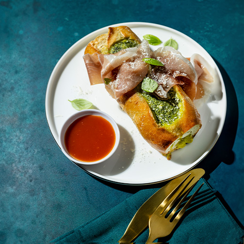 Kale Pesto Egg Boat with Prosciutto