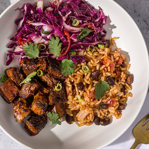 Plate with seasoned meat, red cabbage slaw, and rice with black beans, garnished with cilantro.