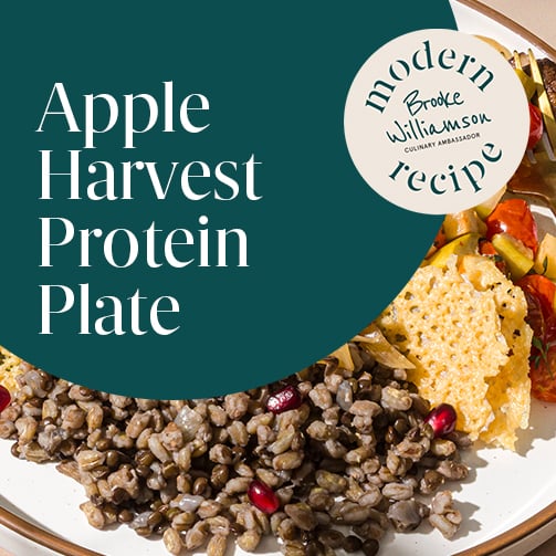 Apple Harvest Protein Plate with lentils, pomegranate seeds, and vegetables. Recipe by Brooke Williamson.