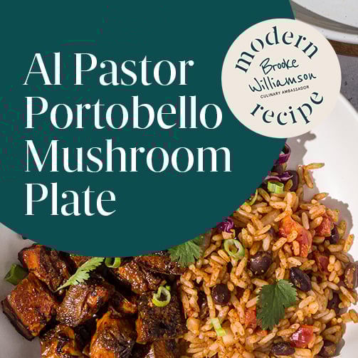 Al Pastor Portobello Mushroom Plate with rice and beans, featuring a recipe by Brooke Williamson.