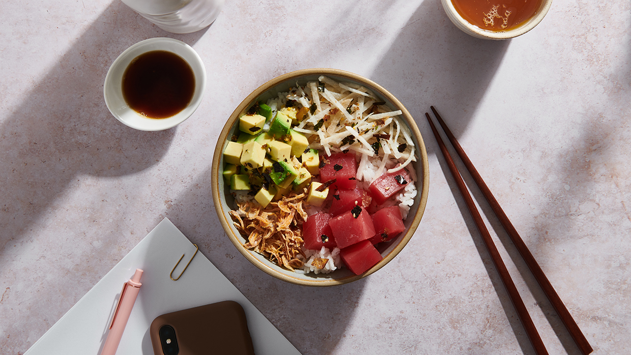 bowl with avocado, rice, tuna and more vegetables