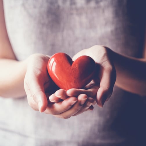 Image of hands gently holding a small, red, heart-shaped object, symbolizing care, love, and compassion against a softly blurred background.