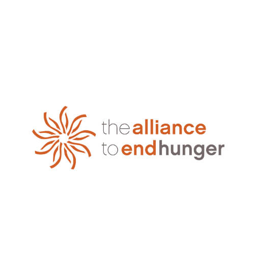 Logo for 'the alliance to end hunger' featuring an orange, stylized sun-like design on the left, with the text in lowercase letters—'the alliance' in gray and 'end hunger' in orange—symbolizing hope and the mission to combat hunger