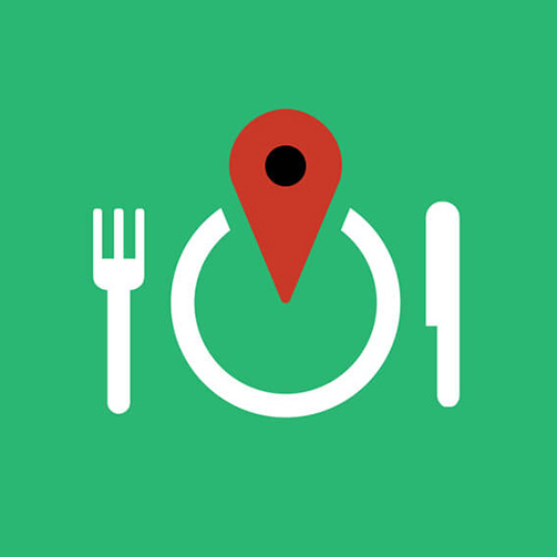 Logo featuring a green background with a white circle flanked by a white fork and knife, and a red map pin in the center, symbolizing a food or restaurant service with a location-based element.