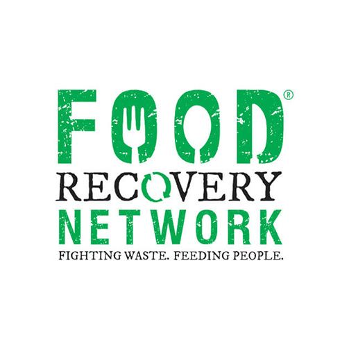 Logo for the Food Recovery Network featuring the text 'FOOD RECOVERY NETWORK' with the words 'FOOD' and 'NETWORK' in green and 'RECOVERY' in black, incorporating a stylized fork in the letter 'O' of 'FOOD' and a recycling symbol in the letter 'O' of 'RECOVERY,' accompanied by the tagline 'FIGHTING WASTE. FEEDING PEOPLE,' symbolizing the mission to combat food waste and support those in need.