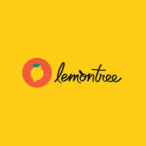 Logo for 'Lemontree' featuring a stylized lemon with a small green leaf inside a red circle on the left, and the brand name in cursive black font on a yellow background, symbolizing freshness and simplicity.