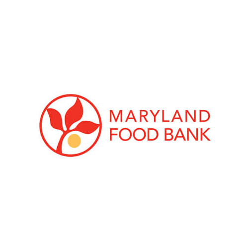 Logo of the Maryland Food Bank featuring a red circle with a stylized plant and three leaves, accompanied by the text 'MARYLAND FOOD BANK' in bold red letters, symbolizing its mission to combat hunger in Maryland