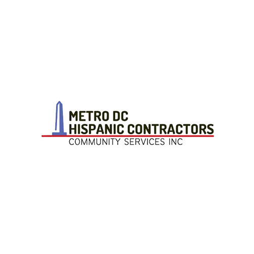 Logo for 'Metro DC Hispanic Contractors Community Services Inc.' featuring a stylized blue Washington Monument on the left, bold uppercase text 'METRO DC HISPANIC CONTRACTORS' with a red underline, and smaller uppercase text 'COMMUNITY SERVICES INC,' representing support for Hispanic contractors in the Metro DC area