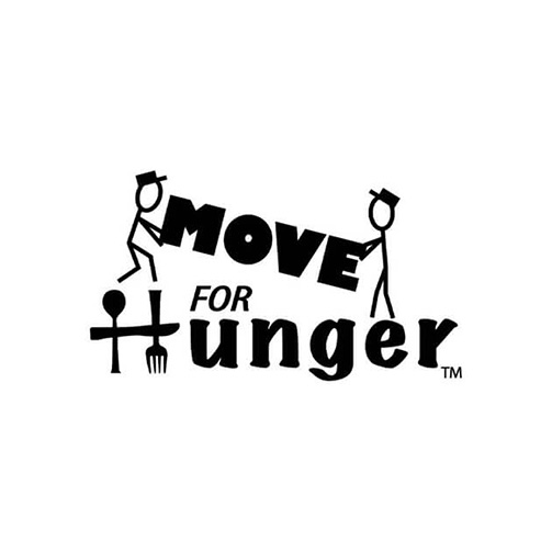"Logo for 'Move For Hunger' featuring two stick figures wearing hats, holding up the word 'MOVE,' with the letter 'H' in 'Hunger' designed as a spoon and fork, representing a hunger-relief initiative