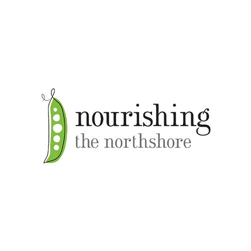 Logo for 'nourishing the northshore' featuring a green pea pod with four peas on the left and the text 'nourishing the northshore' in black and gray font, symbolizing a community-focused initiative on nourishment.