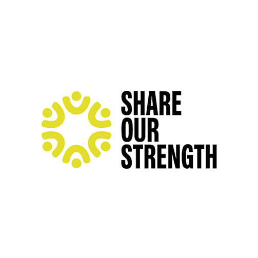 Logo for 'Share Our Strength' featuring bold black text and a circular design of abstract yellow figures forming a unified circle, symbolizing collective action and support