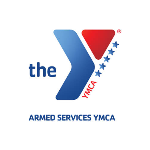 Logo for the Armed Services YMCA featuring a stylized blue and red 'Y,' with five blue stars and the text 'ARMED SERVICES YMCA' in bold blue uppercase letters, symbolizing support for military personnel and their families.