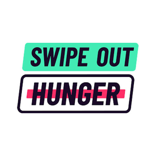 Logo for 'Swipe Out Hunger' featuring the text 'SWIPE OUT' in bold black font on a green background, and 'HUNGER' in black font on a white background with a red line crossing through the middle, representing the mission to fight hunger.