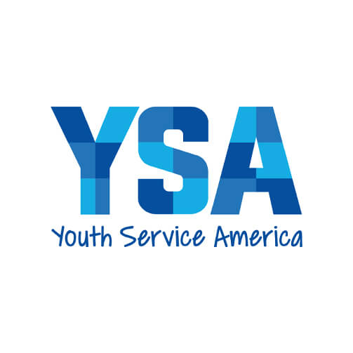 Logo for Youth Service America (YSA) featuring the acronym 'YSA' in bold blue gradient letters, with 'Youth Service America' in a casual, handwritten-style font below, symbolizing youth empowerment and community engagement.
