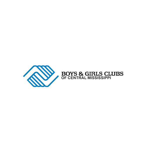 Logo for Boys & Girls Clubs of Central Mississippi featuring two blue hands interlocking to form a handshake, alongside bold black text reading 'BOYS & GIRLS CLUBS OF CENTRAL MISSISSIPPI,' symbolizing support and opportunities for youth in the community