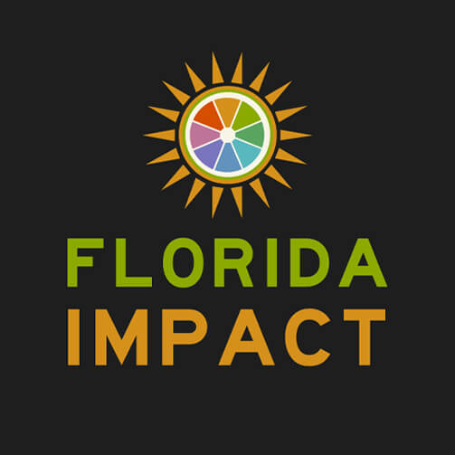 Logo for 'Florida Impact' featuring a colorful, sun-like design at the top with rays and a circular center divided into vibrant segments, accompanied by the text 'FLORIDA' in green and 'IMPACT' in orange, symbolizing community and social initiatives in Florida.
