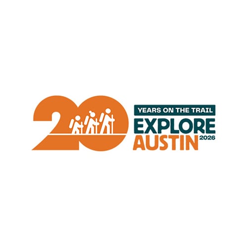 20th anniversary Explore Austin logo with hikers and the text “Years on the Trail Explore Austin 2026.”
