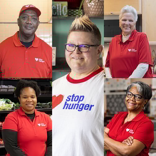 Six individuals wearing red shirts with a white heart symbol and 'stop hunger' text, with one person in the center wearing a white shirt with the same logo, representing a hunger relief campaign