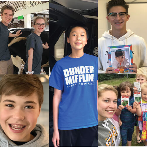 Collage of six photos: a farm scene with a cow, a person near a vehicle, a book titled Kids' Guide to Movies, a blue DUNDER MIFFLIN shirt, an individual in a gray hoodie, and children holding pictures outdoors