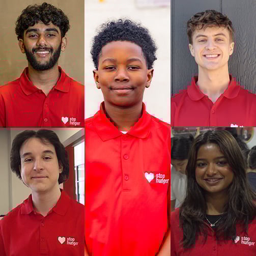Six individuals wearing red polo shirts featuring a white heart logo and the text 'stop hunger' on the left chest, arranged in a grid layout with three in the top row and three in the bottom row.