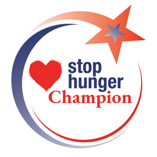 “Stop Hunger Champion” logo with a red heart, navy and orange swoosh, and an orange star, symbolizing recognition and support for anti-hunger efforts.