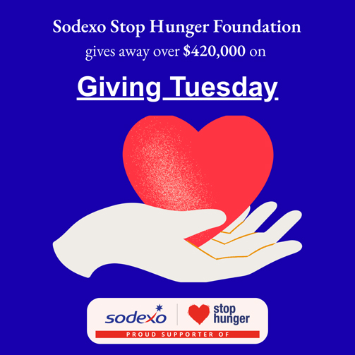 Graphic with a red heart resting on an illustrated hand, featuring text about Sodexo Stop Hunger Foundation donating over $420,000 on Giving Tuesday, with Sodexo and Stop Hunger logos at the bottom.