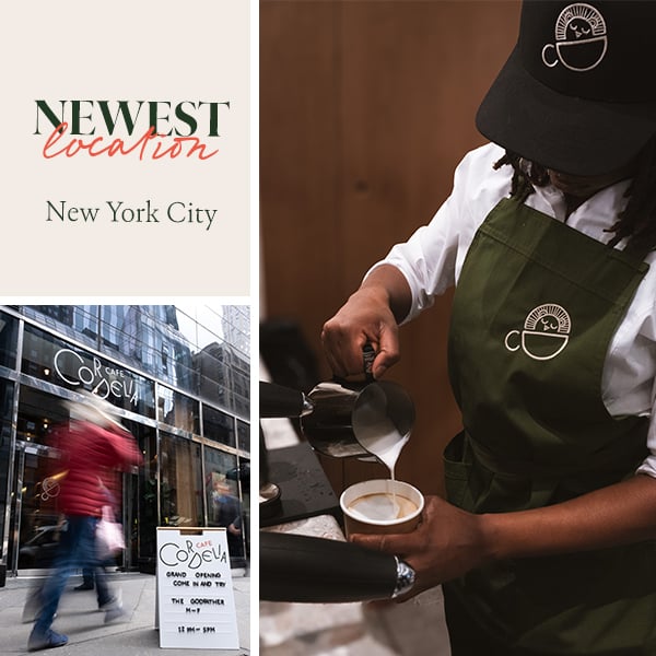 Newest Location, New York City. Outdoor picture of Cafe Cordelia, inside picture of a woman pouring coffee.