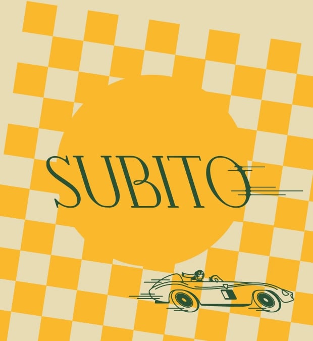 Illustration with a yellow-orange checkered background, a large orange circle, and green text SUBITO with motion lines; below is a green and yellow race car with a driver, emphasizing speed.
