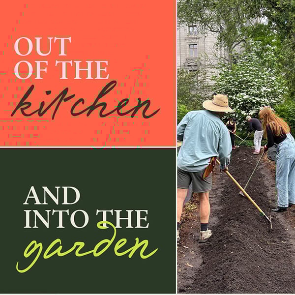 Split image: left side with text 'OUT OF THE kitchen AND INTO THE garden' on red and green background; right side shows people gardening, one using a hoe