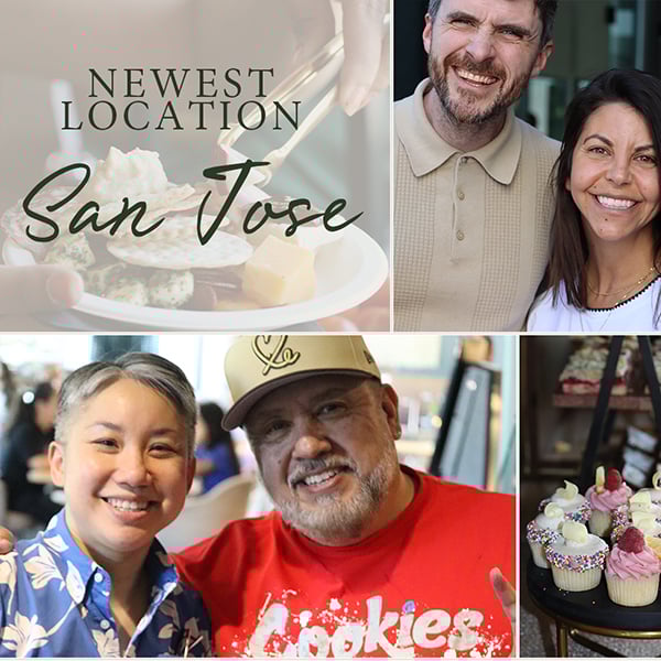 Collage with text 'NEWEST LOCATION San Jose', people posing, a food plate, two people standing, and a stand with assorted cupcakes.