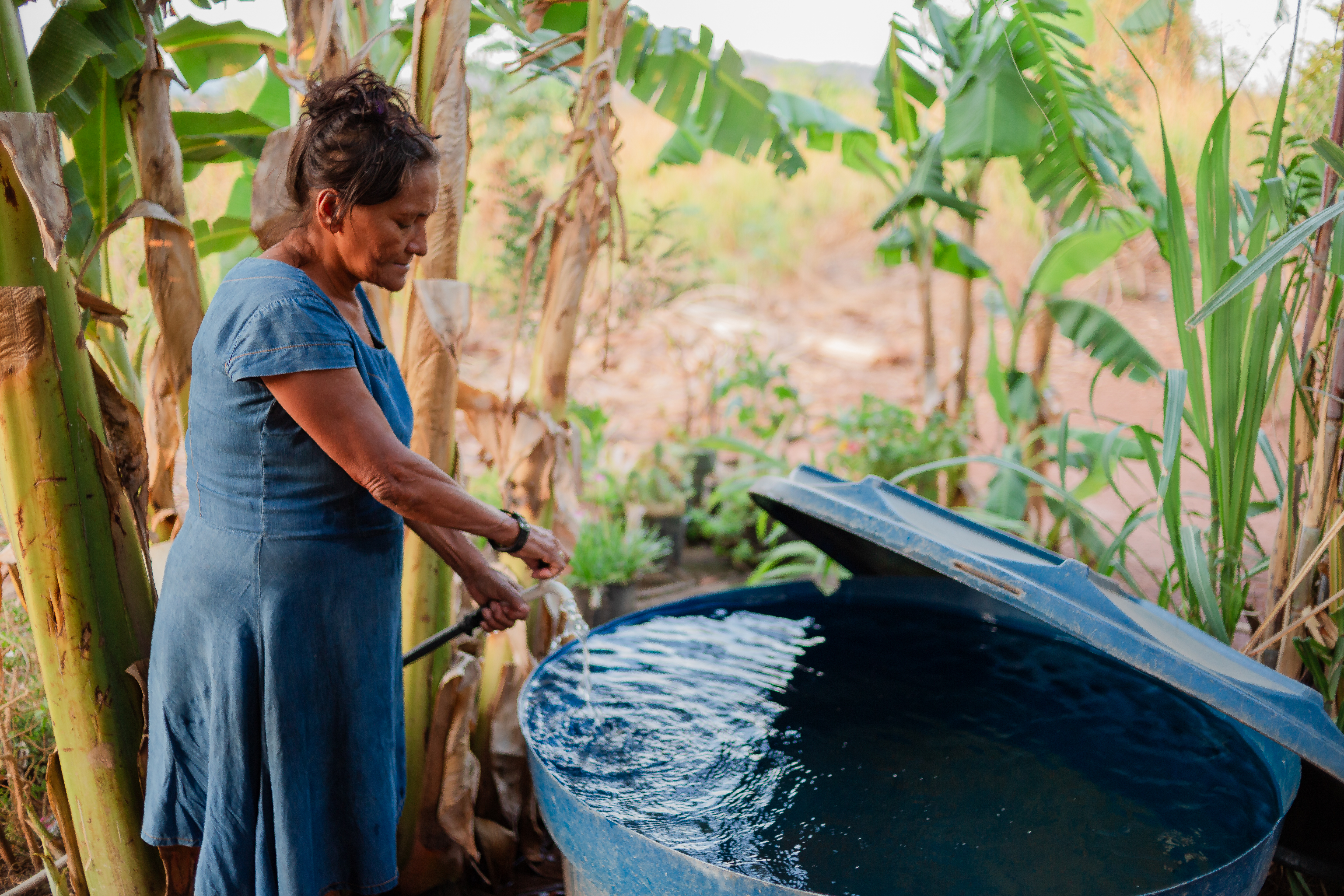 Mulher abre uma caixa d’água azul enquanto enche o reservatório, cercada por plantas e bananeiras em uma área rural.