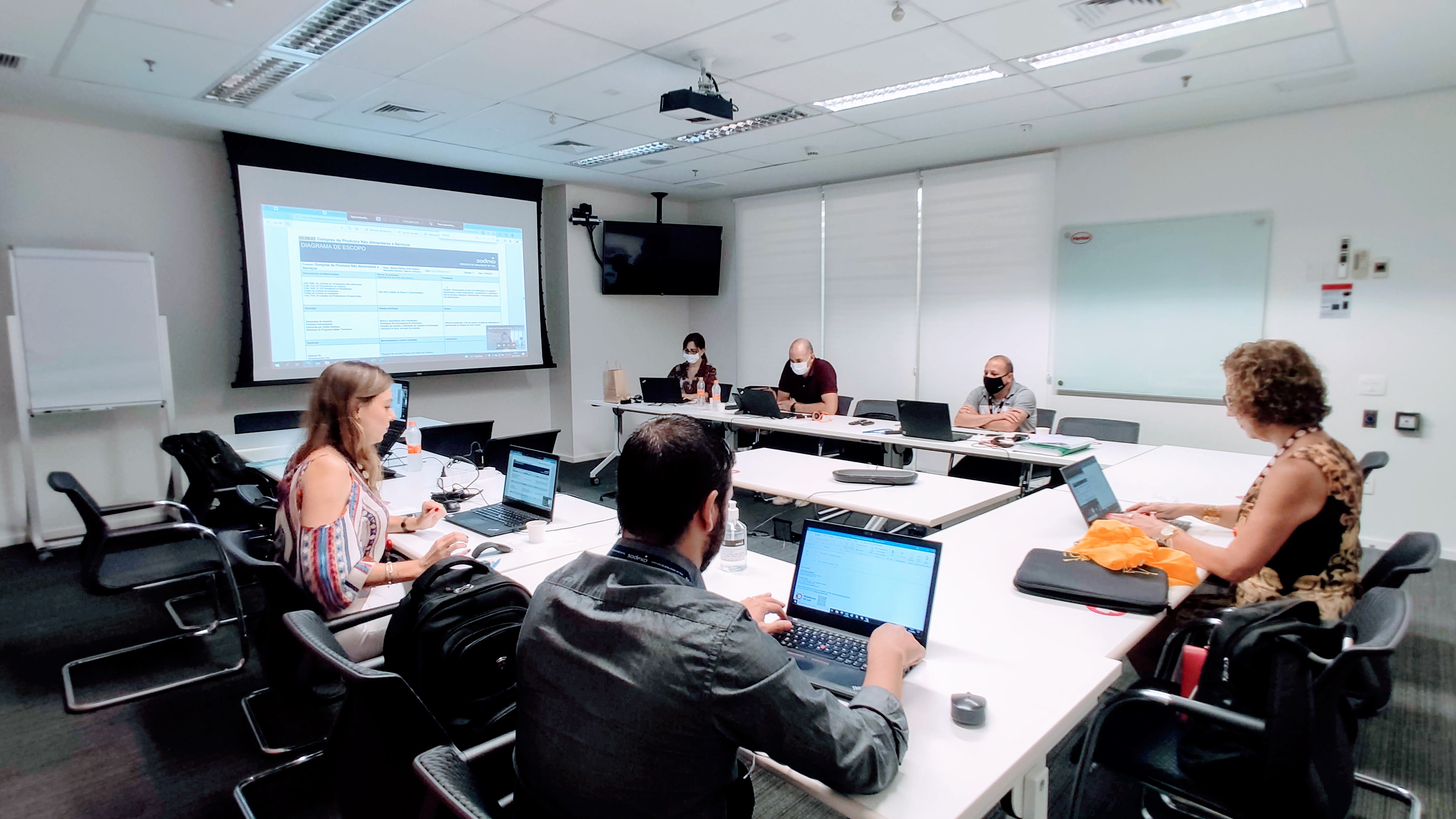 Reunião em sala corporativa com pessoas sentadas ao redor da mesa usando notebooks, enquanto uma apresentação é projetada na tela ao fundo.
