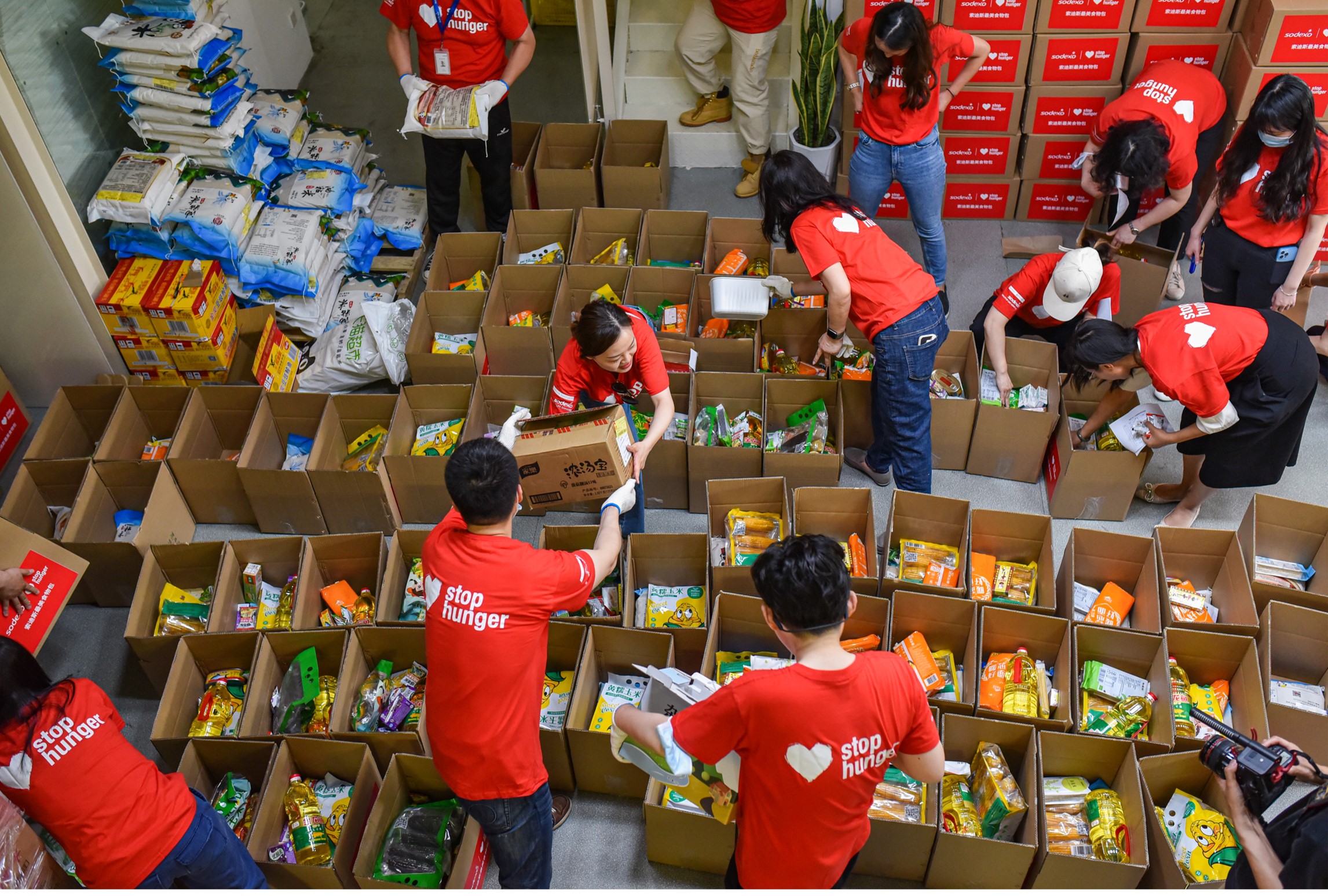 Na imagem há vários voluntários, vestindo uma camiseta vermelha, organizando itens de alimento básico.
