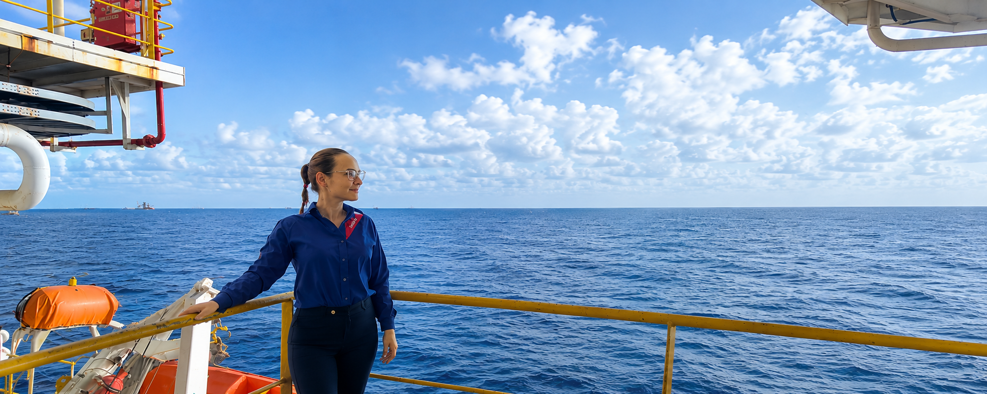 Mulher com uniforme da Sodexo posa em área externa de uma embarcação, com o mar e o céu ao fundo.