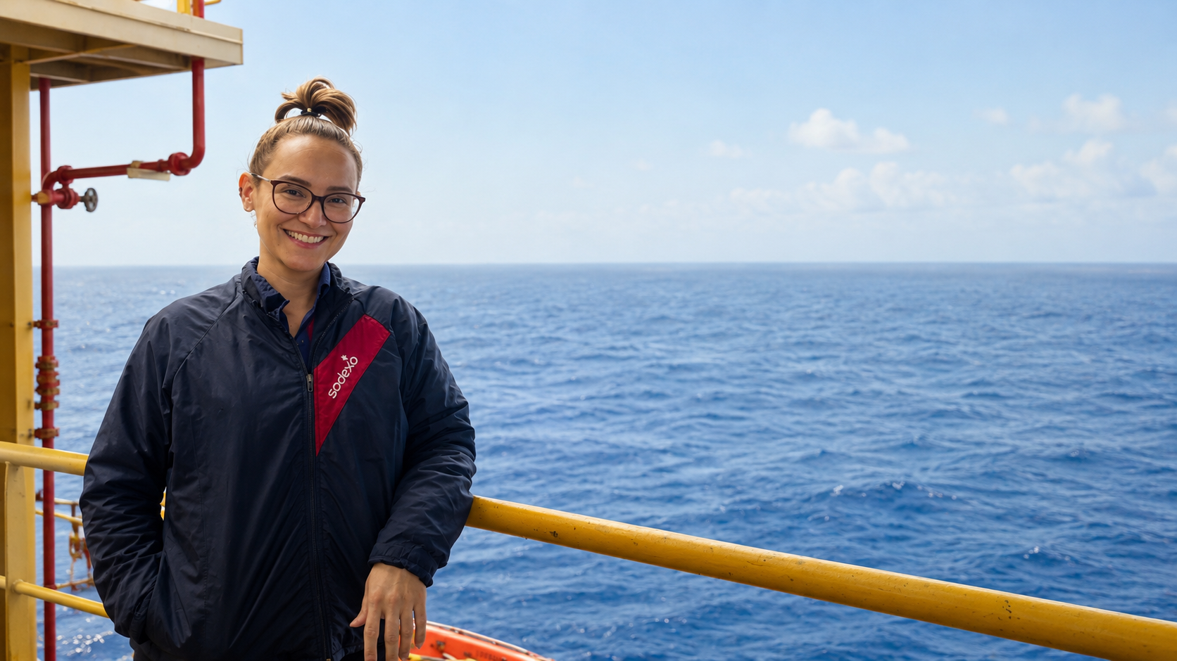 Mulher com uniforme da Sodexo sorri diante de uma janela com vista para o mar e uma estrutura offshore ao fundo. 