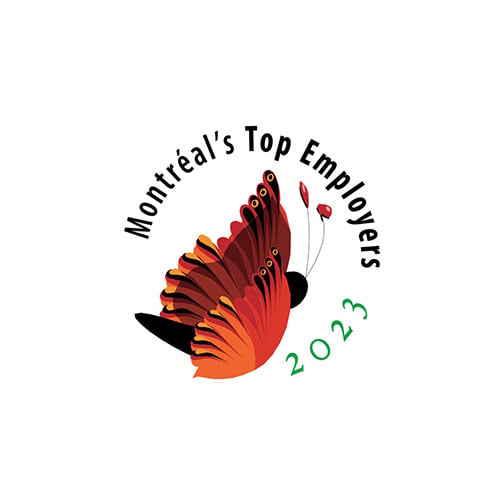 Montreal’s Top Employers 2023 logo with a stylized red-orange butterfly and curved text.