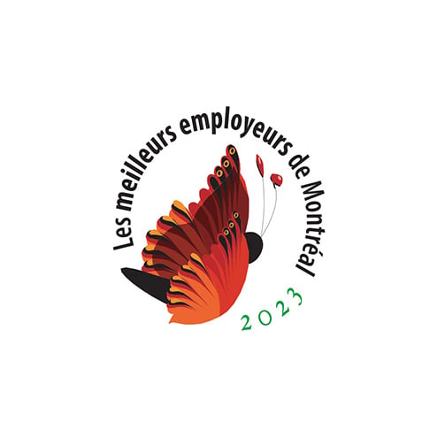 Logo des meilleurs employeurs de Montréal 2023 avec un papillon stylisé.