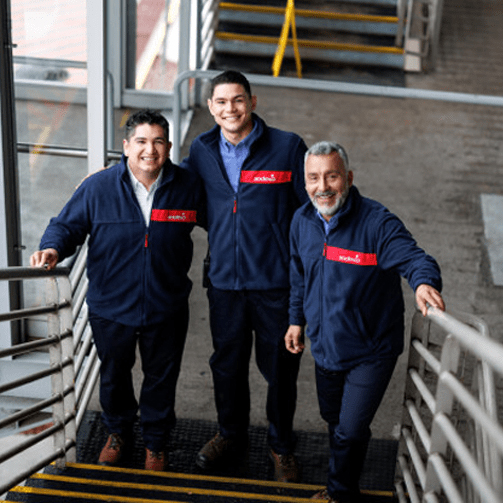 three men on a ladder smiling