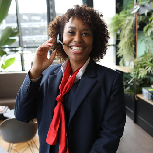 woman talking by a headphone