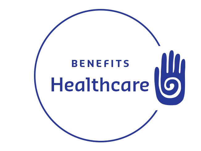 Circular graphic with a hand-like icon and the word Benefits highlighting Healthcare.