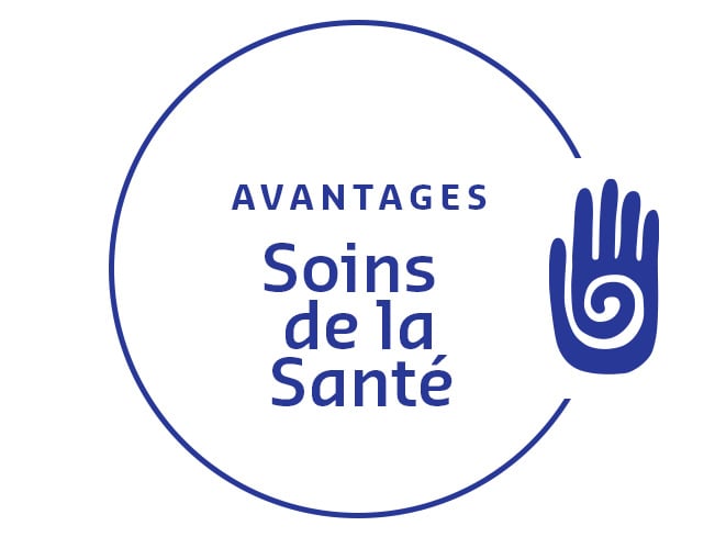 Graphique circulaire avec une icône en forme de main et le mot Avantages mettant en évidence Soins de santé.