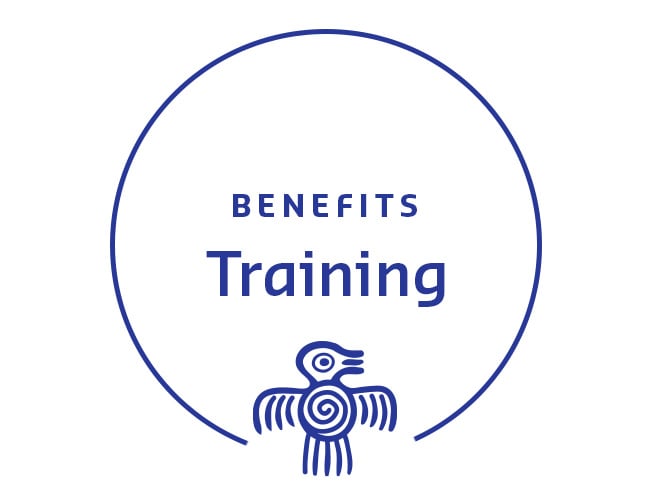 Circular graphic with a stylized bird and the text Benefits: Training.