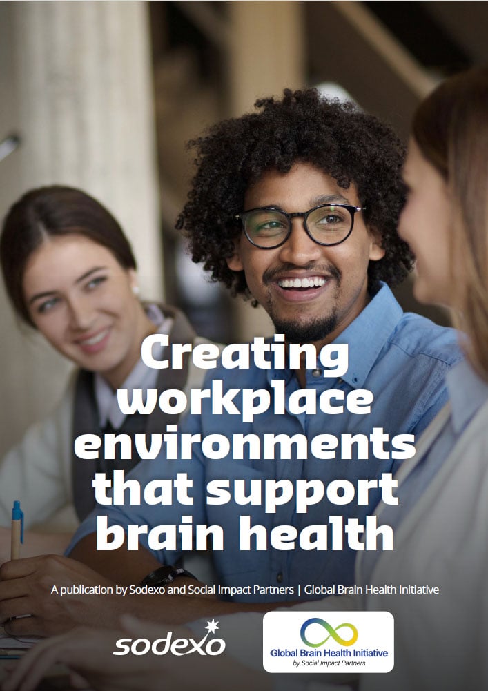 Three coworkers at desk with overlaid text about creating workplace environments that support brain health and logos