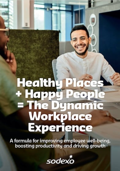 People collaborating at a table in a modern office, with text promoting ‘Healthy Places + Happy People = The Dynamic Workplace Experience’ and a message about improving employee well-being and productivity.