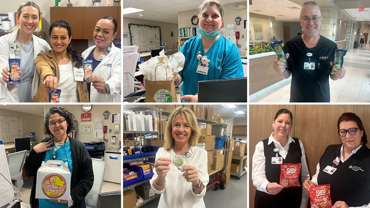 Collage of smiling caregivers at HCA locations, each holding a snack of appreciation.