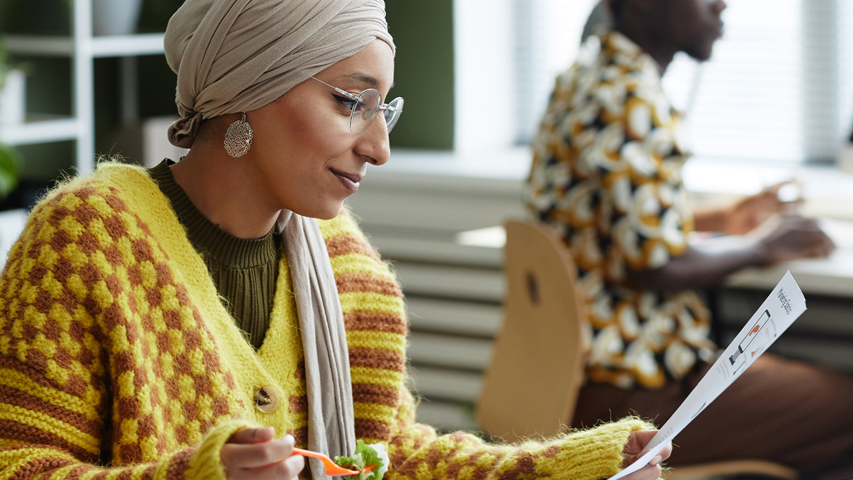 woman looking at a document