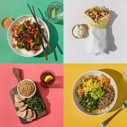 Collage of food photos featuring beef stir-fry with rice, a chicken gyro, grilled Italian pork tenderloin and a breakfast bowl.