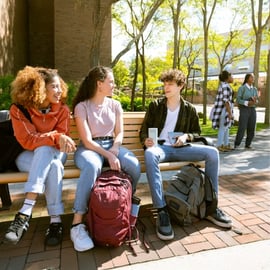 College students sitting on a bench outdoors on campus, with other students standing in the background.
